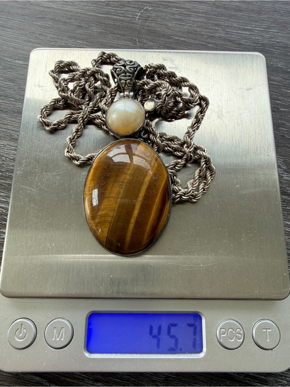 925 sterling silver necklace w/ oval tiger's eye pendant adorned w/ pearl - Picture 2 of 4